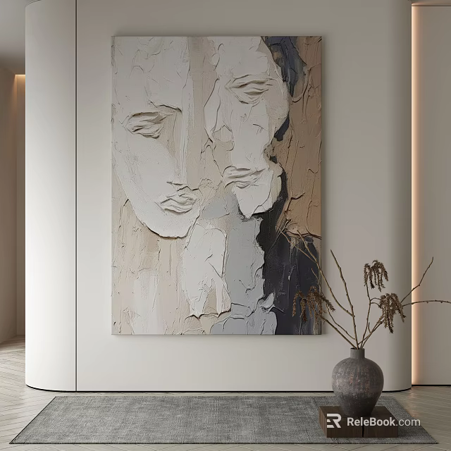 Abstract Face Painting On Modern Wall With Vase And Dried Branches 3d model 