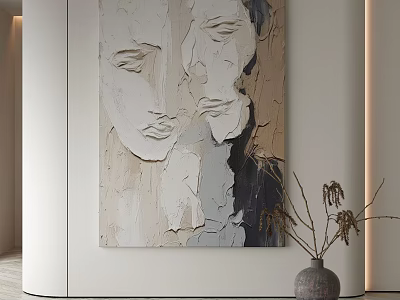 Abstract Face Painting On Modern Wall With Vase And Dried Branches 3d model