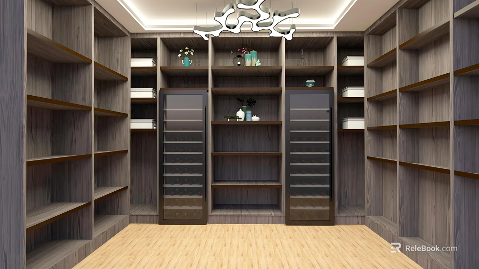 Wine Cellar Interior With Wooden Shelves Storage Units Decorative Ceiling Light And Light Wooden Flooring 3d model 