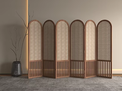 Wooden Five Panel Room Divider With Arched Design And Woven Panels In Modern Interior 3d model