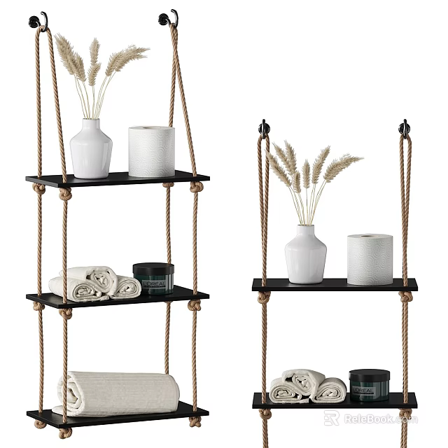 Rope Hanging Shelves With Vases Candles And Towels For Home Living 3d model 