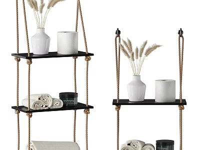 Rope Hanging Shelves With Vases Candles And Towels For Home Living 3d model
