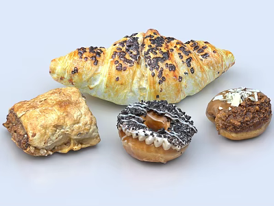 Assorted Fresh Baked Pastries With Sesame Croissant Glazed Donut And Nutty Treats 3d model