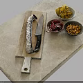 Marble Countertop With Wooden Board Salami Chef Knife Bowls Of Chips Red Veggies And Nuts
