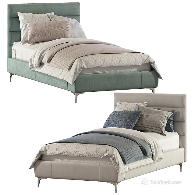 Modern Single Bed with Light Green Beige Frame and Beige Gray Blue Pillows 3d model 