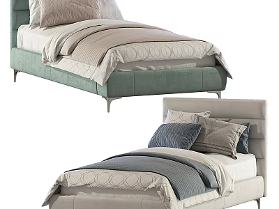 Modern Single Bed with Light Green Beige Frame and Beige Gray Blue Pillows 3d model