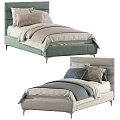 Modern Single Bed with Light Green Beige Frame and Beige Gray Blue Pillows