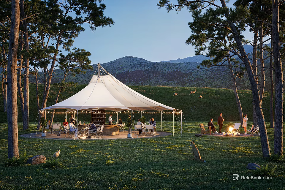 Scenic Campsite With White Tent Grassland Mountain View Trees And Bonfire Gathering 3d model 