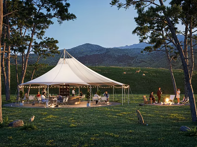 Scenic Campsite With White Tent Grassland Mountain View Trees And Bonfire Gathering 3d model