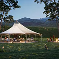 Scenic Campsite With White Tent Grassland Mountain View Trees And Bonfire Gathering