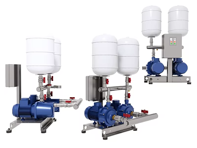 Industrial Equipment With Multiple Pumps White Water Tanks Blue Motors And Piping Systems 3d model