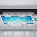 Modern Exhibition Booth Interior With Large Screen Airplane Image Blue Displays And White Seats