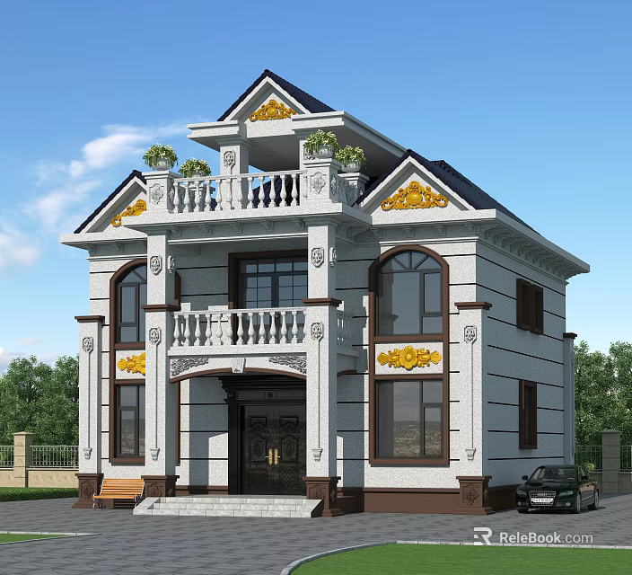 Two Story Detached Villa Featuring Decorative Golden Elements Balcony Front Steps And Surrounding Green Trees 3d model 