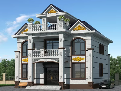 Two Story Detached Villa Featuring Decorative Golden Elements Balcony Front Steps And Surrounding Green Trees 3d model
