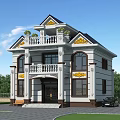 Two Story Detached Villa Featuring Decorative Golden Elements Balcony Front Steps And Surrounding Green Trees