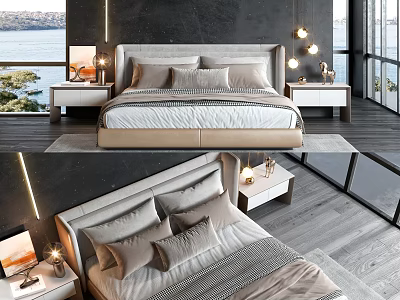 Modern Double Bed With Upholstered Headboard Nightstands Table Lamps And Lake View Windows 3d model