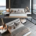 Modern Double Bed With Upholstered Headboard Nightstands Table Lamps And Lake View Windows