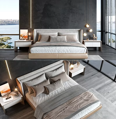 Modern Double Bed With Upholstered Headboard Nightstands Table Lamps And Lake View Windows 3d model