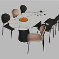Modern Stylish Dining Table Set With Marble Tabletop Black Pink Chairs Fruit Bowl And Magazine