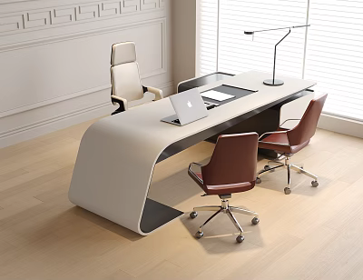 Modern Office Desk With Laptop Desk Lamp And Brown Office Chairs In Light Room 3d model