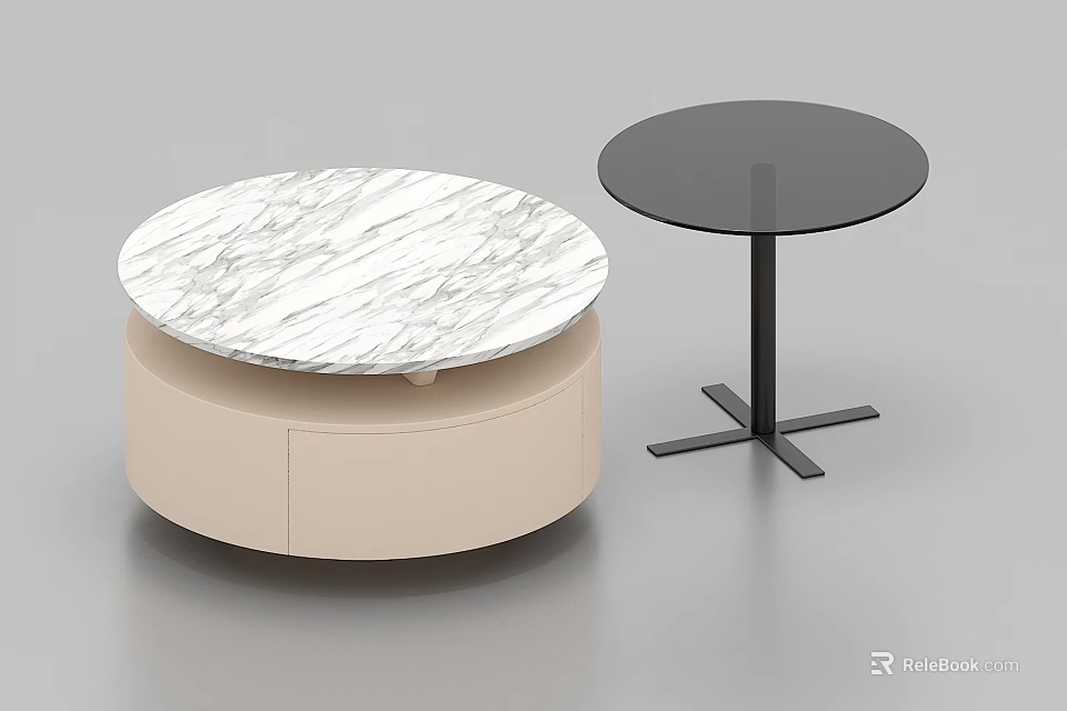 Round Coffee Tables With Marble And Black Glass Tops Beige Cabinet And Metal Cross Legs 3d model 