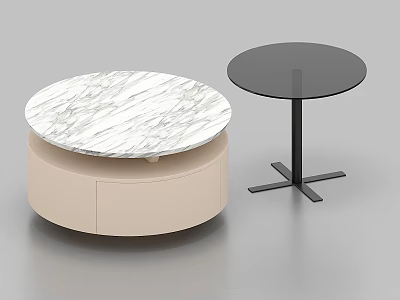 Round Coffee Tables With Marble And Black Glass Tops Beige Cabinet And Metal Cross Legs 3d model