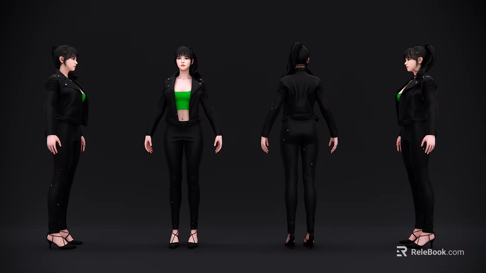 Woman Wearing Black Coat Green Top Black Pants High Heels from Four Angles Black Background 3d model 