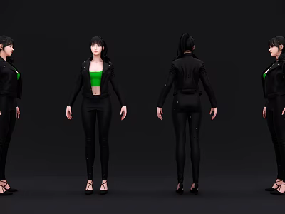 Woman Wearing Black Coat Green Top Black Pants High Heels from Four Angles Black Background 3d model