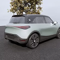 Light Green Small Car Parked Next to Tree on Gray Ground With Sky