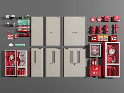Essential Fire Safety Equipment Collection With Fire Doors Extinguishers Hydrants And Alarm Systems 3d model