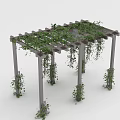 Pergola Wooden Structure Covered With Climbing Vines And Green Leaves On Supporting Pillars