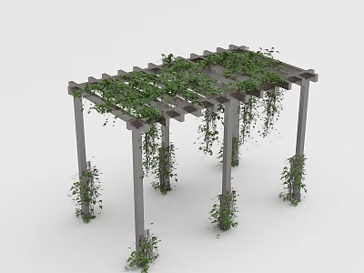 Pergola Wooden Structure Covered With Climbing Vines And Green Leaves On Supporting Pillars 3d model