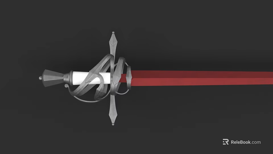 Medieval Sword With Red Blade White Hilt And Ornamental Metallic Guard 3d model 
