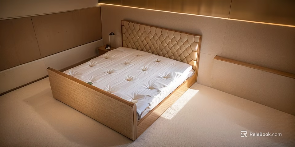 Elegant Double Bed With Tufted Headboard Wooden Frame And Bedside Lamp 3d model 