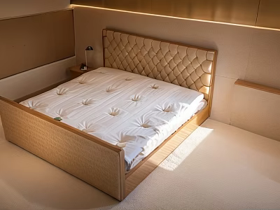 Elegant Double Bed With Tufted Headboard Wooden Frame And Bedside Lamp 3d model