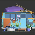 Cartoon Camper Van Scene With Colorful Decor Outdoor Mat And Potted Plant Accessories