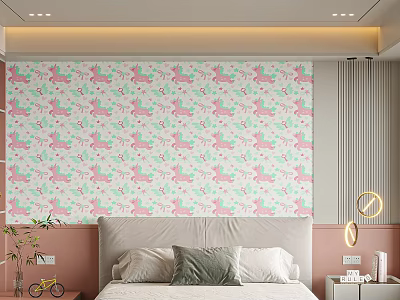 Bedroom Bed With Cute Unicorn Pattern Accent Wall 3d model