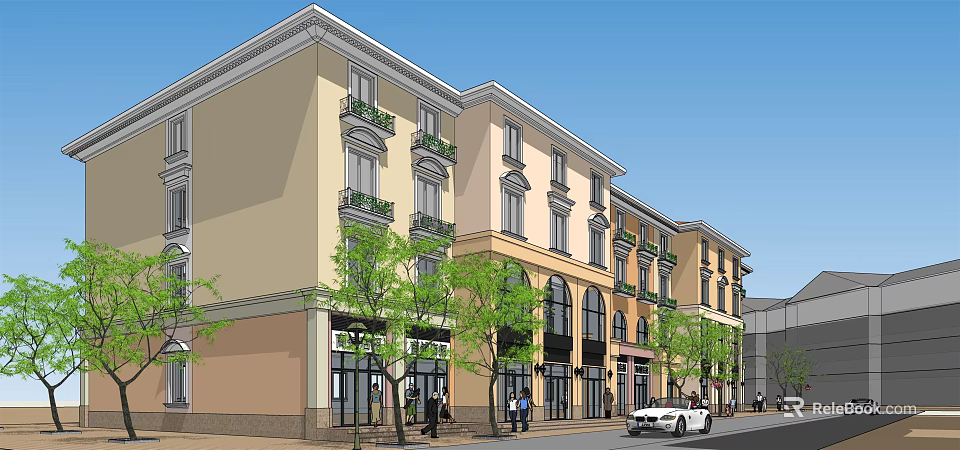 Scenic European Style Commercial Street With Multi Story Buildings Trees And Pedestrians 3d model 
