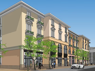 Scenic European Style Commercial Street With Multi Story Buildings Trees And Pedestrians 3d model
