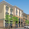 Scenic European Style Commercial Street With Multi Story Buildings Trees And Pedestrians
