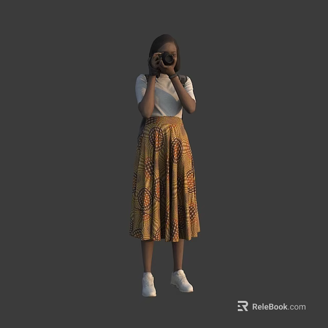 Woman Holding Camera Wearing White Top Yellow Patterned Skirt And White Shoes On Gray Background 3d model 