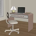Modern Pastel Desk with Circular Knobs Laptop Table Lamp Stack of Books and White Wheeled Chair