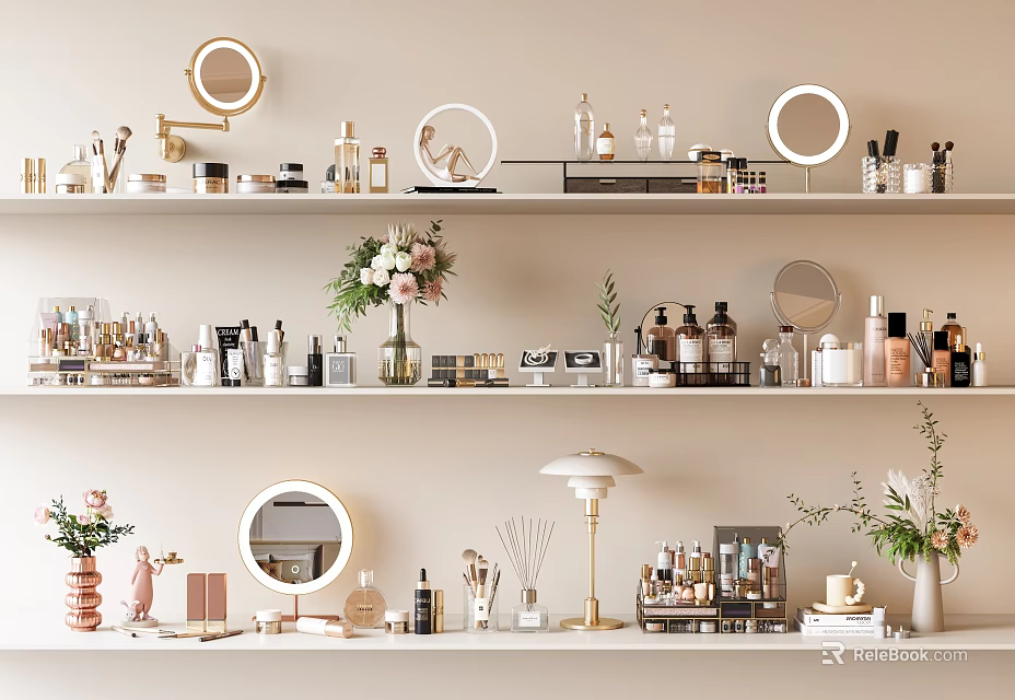 Perfumes And Cosmetics Display On Shelves With Round Mirrors Vases And Decorative Bottles 3d model 