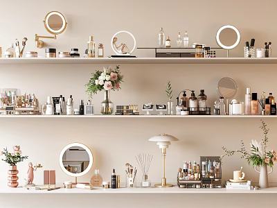 Perfumes And Cosmetics Display On Shelves With Round Mirrors Vases And Decorative Bottles 3d model
