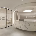 Modern Elegant Front Desk Reception With Marble Countertop Glass Partition And Round Ceiling Light