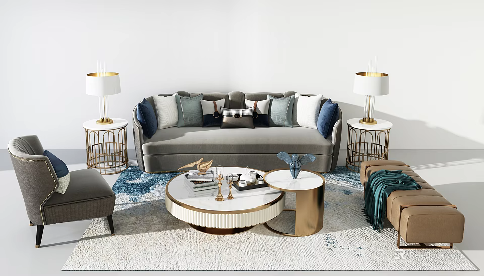 Elegant Modern Sofa Coffee Table Set with Accent Pillows Gold Side Tables and Patterned Rug 3d model