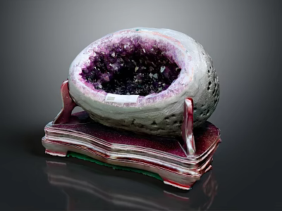Decorative Ornament Set Featuring Amethyst Geode On Red Stand For Home Decor 3d model