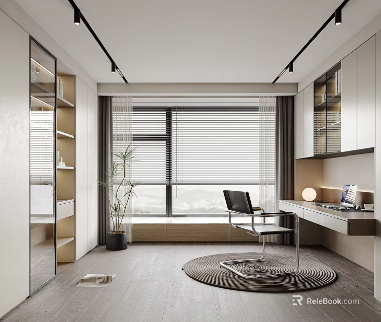 Modern Study Room Interior With Desk Chair Bookshelf Window Blinds And Green Plant 3d model 