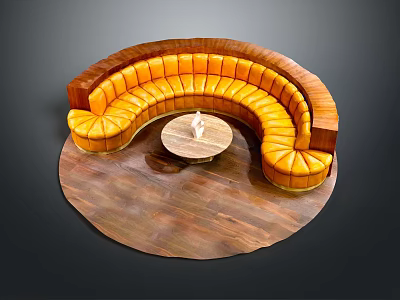 Curved Orange Leather Sectional Sofa With Round Coffee Table On Wooden Floor 3d model