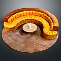 Curved Orange Leather Sectional Sofa With Round Coffee Table On Wooden Floor